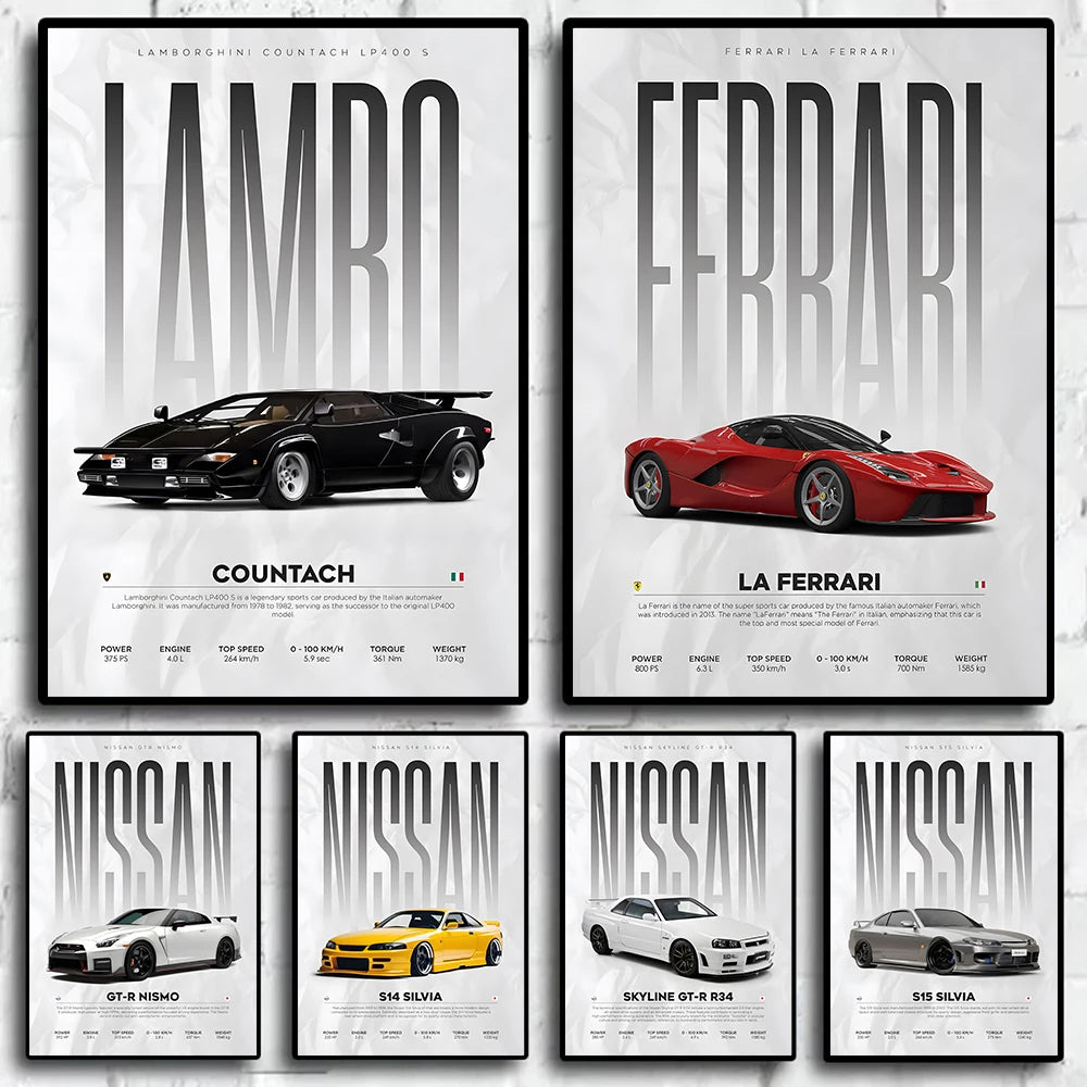 Famous Cars S14 F430 SF90 GTS AMG GT R34 F40 Poster Picture Canvas Painting Wall Art Home Decoration Print for Living Room Decor